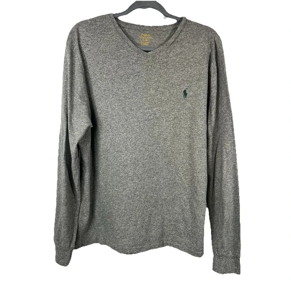 Polo Ralph Lauren Gray V-Neck Long Sleeve‎ Shirt Large Cotton Soft Quiet Luxury